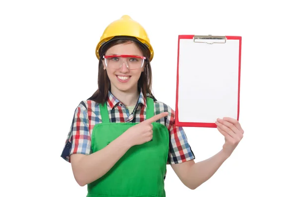 Female worker with diary isolated on white — Stock Photo, Image