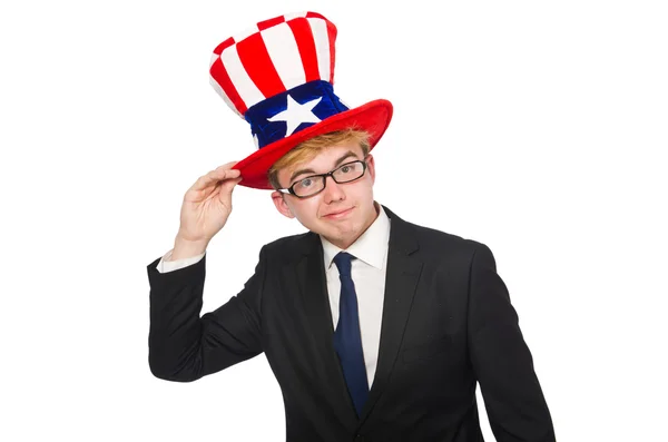 Biznesmen w amerykańskim kapeluszu odizolowany na biało — Zdjęcie stockowe