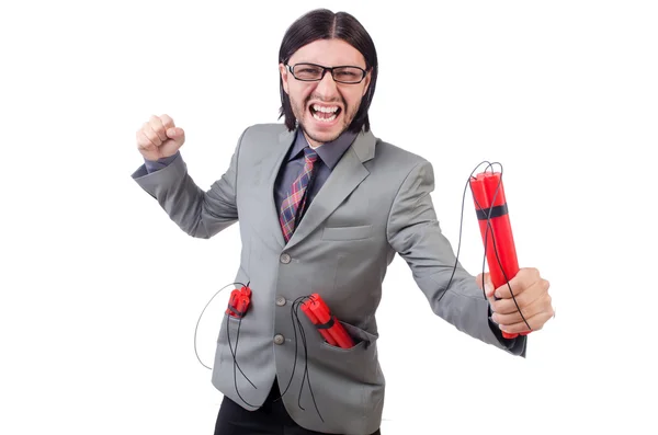 Young businessman holding dynamite isolated on white — Stock Photo, Image