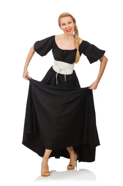 Lang vrouw in lange zwarte jurk geïsoleerd op wit — Stockfoto