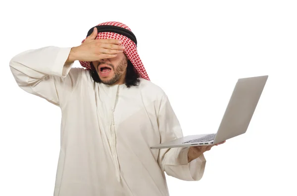Hombre árabe con portátil aislado en blanco —  Fotos de Stock