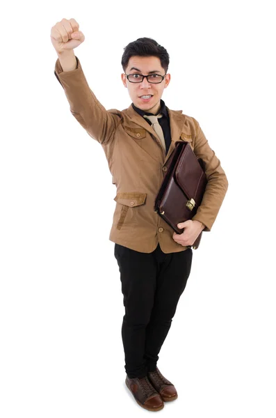 Young man with brown briefcase isolated on white — Stock Photo, Image