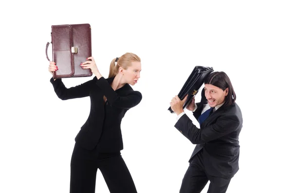Affärsmannen och affärskvinna med portföljer isolerad på vit — Stockfoto