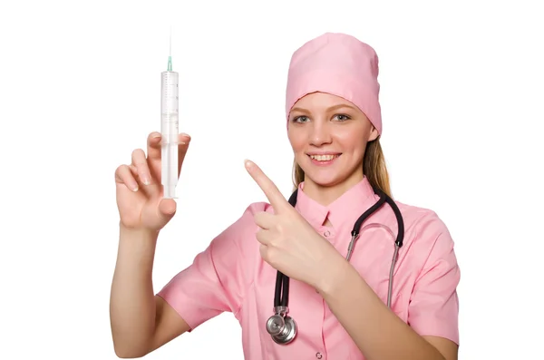 Woman doctor with syringe on white Royalty Free Stock Images