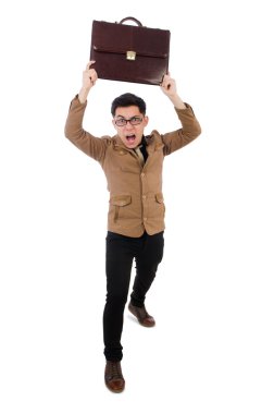 Adam beyaz kahverengi evrak çantası ile