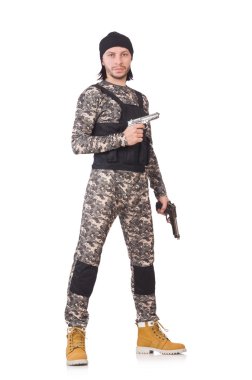 Beyaz izole tabanca ile beyaz asker