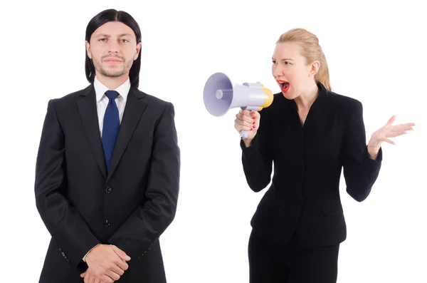 Empresário e empresária com megafone isolado em branco — Fotografia de Stock