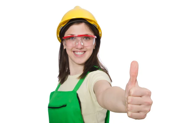 Female worker wearing coverall isolated on white — Stock Photo, Image