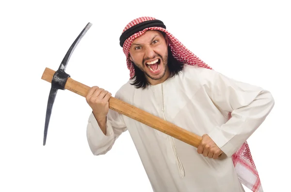 Homem árabe com machado de gelo isolado em branco — Fotografia de Stock
