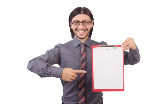 Tânăr om de afaceri cu hârtie izolată pe alb — Fotografie, imagine de stoc