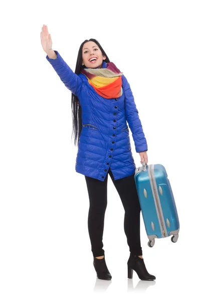 Pretty girl in blue winter jacket with suitcase isolated on white — Stock Photo, Image