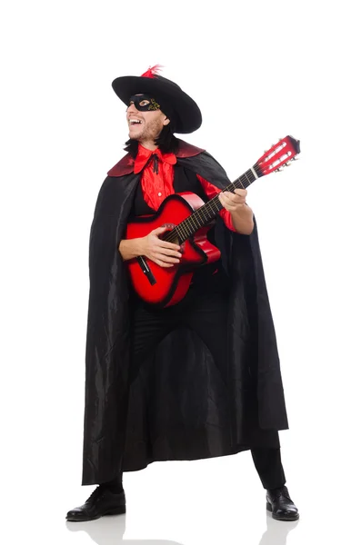 Young man in carnival coat  with guitar isolated on white — Stock Photo, Image