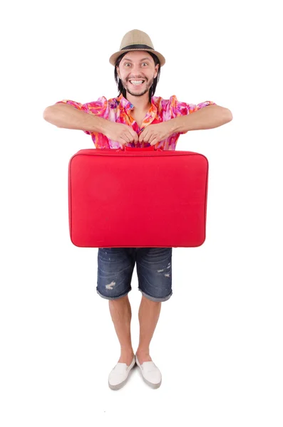 Turysta z walizką na białym tle — Zdjęcie stockowe