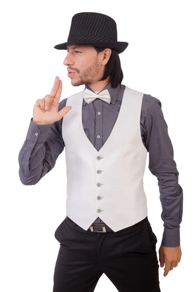 Man in gray shirt and black hat on white — Stock Photo, Image
