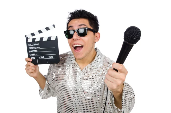 Uomo con microfono e clapperboard su bianco — Foto Stock