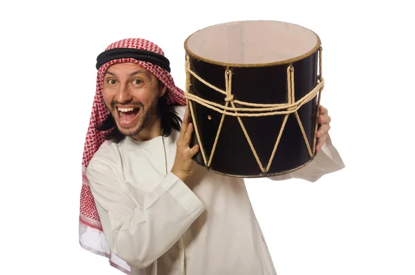 Arabo uomo tenendo tamburo su bianco — Foto Stock
