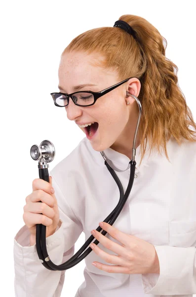 Médecin femme avec stéthoscope sur blanc — Photo