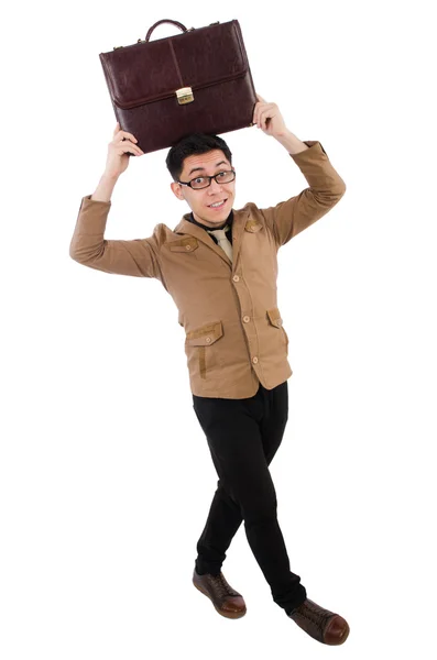 Herr mit brauner Aktentasche auf weißem Hintergrund — Stockfoto
