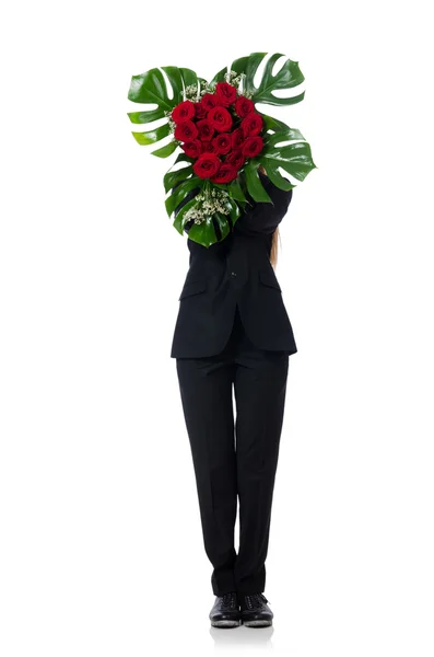 Mujer con racimo de rosas aisladas sobre blanco —  Fotos de Stock
