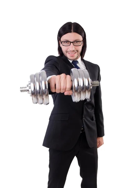 Young businessman holding barbell isolated on white — Stock Photo, Image