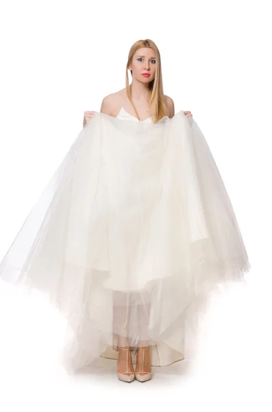 Kvinna i bröllopsklänning isolerad på vitt — Stockfoto