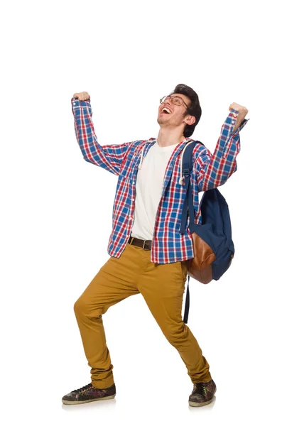 Studente con zaino isolato su bianco — Foto Stock