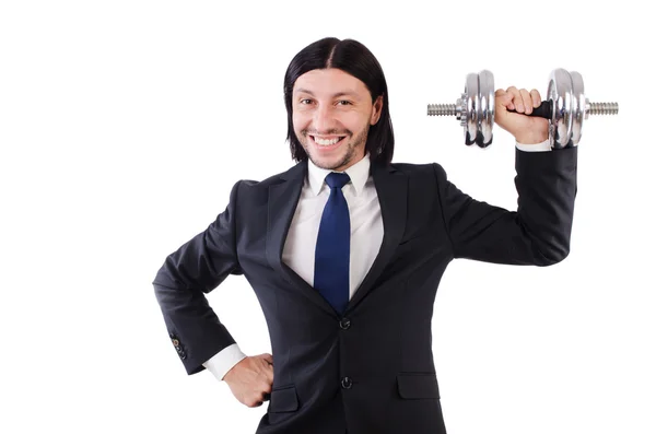 Jovem empresário segurando barbell isolado em branco — Fotografia de Stock