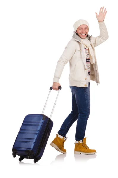 Tourist hält Koffer isoliert auf weißem Grund — Stockfoto