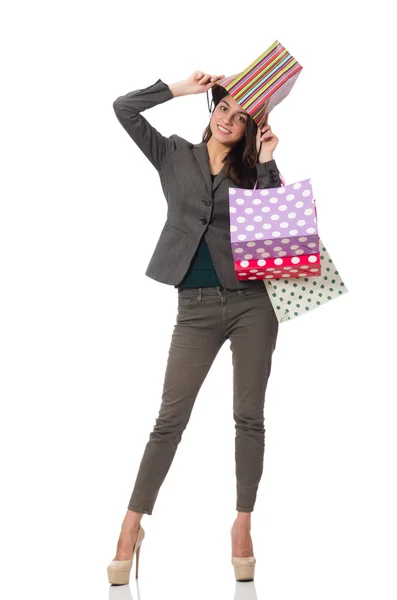 Mujer atractiva con bolsas aisladas en blanco —  Fotos de Stock