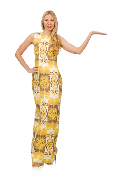 Beyaz izole uzun elbiseli sarışın kadın — Stok fotoğraf