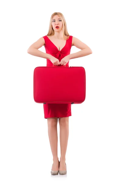 Blondie en robe rouge avec valise — Photo