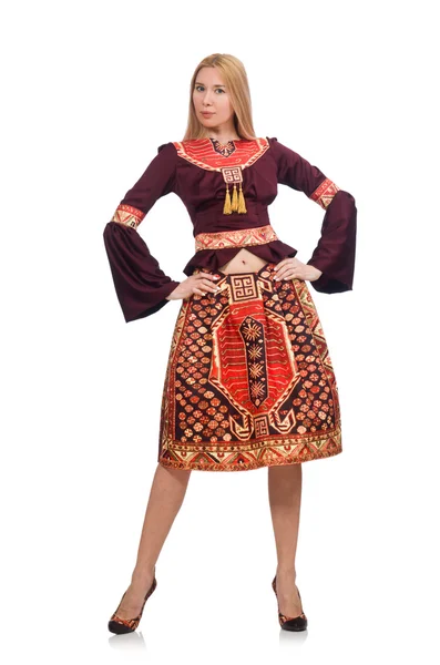 Frau in Kleid mit orientalischen Prints isoliert auf weiß — Stockfoto