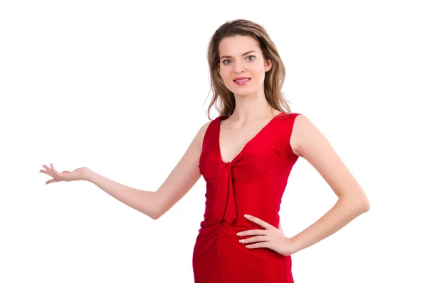 Junge Frau in rotem Kleid isoliert auf weißem Grund — Stockfoto