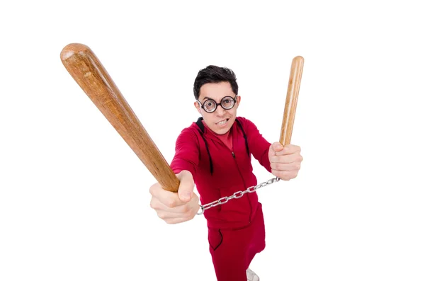 Deportista divertido con nunchuks aislados en blanco — Foto de Stock