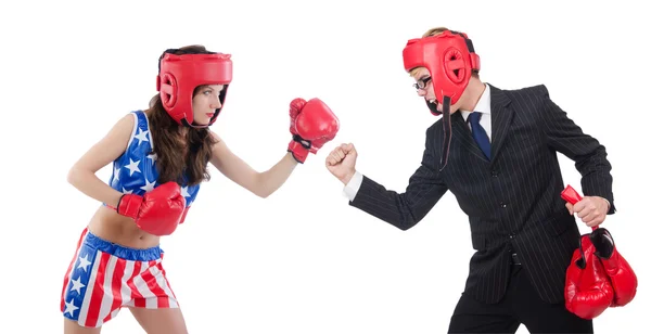 Boxeador mujer y hombre de negocios aislado en blanco —  Fotos de Stock