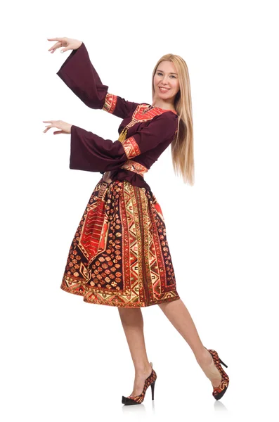 Frau in Kleid mit orientalischen Prints isoliert auf weiß — Stockfoto