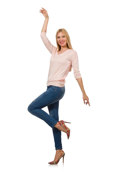 Hübsche Frau in blauen Jeans isoliert auf weiß — Stockfoto
