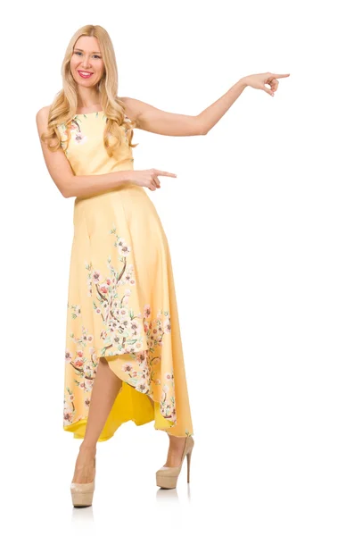 Chica rubia en vestido encantador con estampados de flores aislados en whit — Foto de Stock