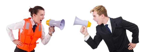 Dois funcionários falando através de alto-falantes isolados em branco — Fotografia de Stock