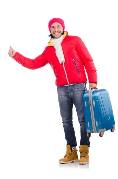 Tourist holding suitcase isolated on white — Stock Photo, Image