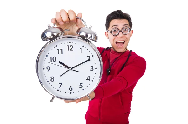 Funny sportsman with alarm clock isolated on white — Stock Photo, Image