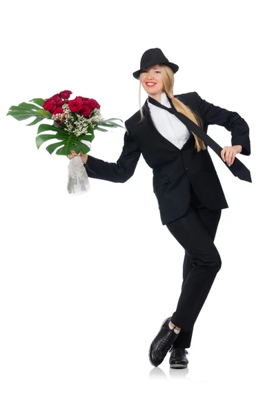 Mulher com um monte de rosas isoladas em branco — Fotografia de Stock