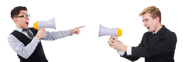 Two employees speaking through loudspeakers isolated on white — Stock Photo, Image