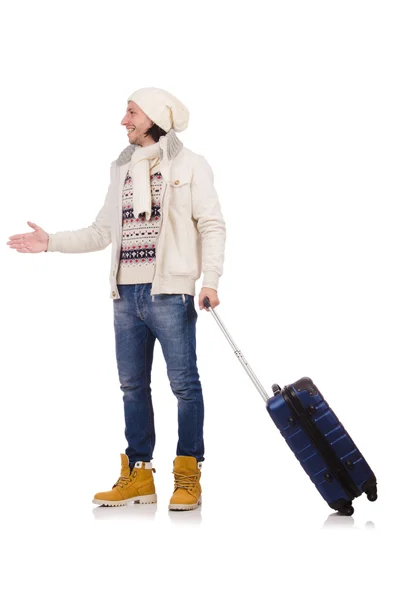 Tourist holding suitcase isolated on white — Stock Photo, Image