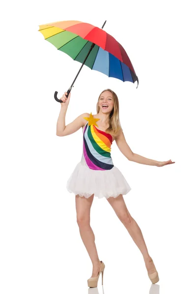 Женщина с красочным зонтиком на белом — стоковое фото
