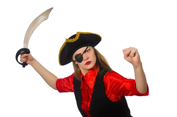 Bella ragazza pirata che tiene la spada isolata sul bianco — Foto Stock