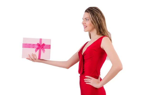 Pretty girl holding gift box isolated on white — Stock Photo, Image