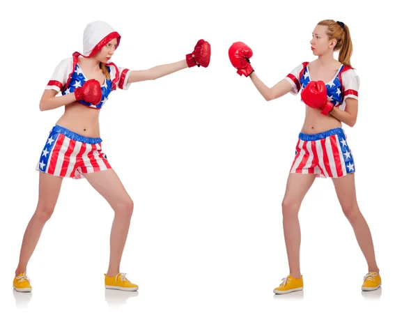 Vrouw boksen geïsoleerd op wit — Stockfoto