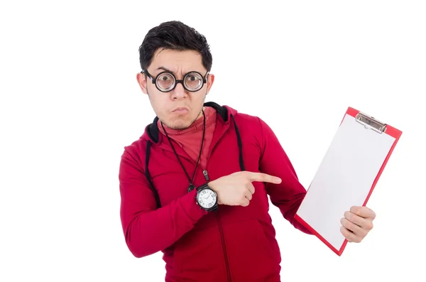 Funny coach with whistle and diary isolated on white — Stock Photo, Image