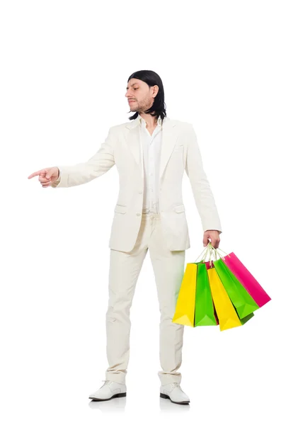 Homem com sacos de compras isolados em branco — Fotografia de Stock